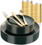 WDF 150Pcs Green Plastic Plates - Green Plates Disposable with Gold Rim - 25Guest Disposable Dinnerware Include 50 Plastic Plate 75 Gold Cutlery 25 9oz Cups for Wedding/Party/Birthday by WDF