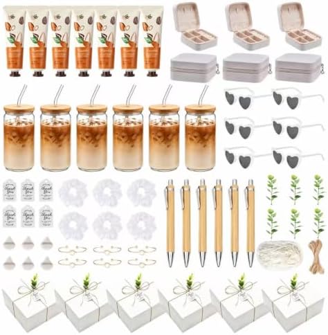 74Pcs Baby Shower Prizes for Game Winners Include Glass Tumblers with Lids and Straws, Hand Creams, Jewelry Boxes, Sunglasses, Powder Puffs for Baby Shower Wedding Bridal Shower Favors (White, 6) by Rigibright