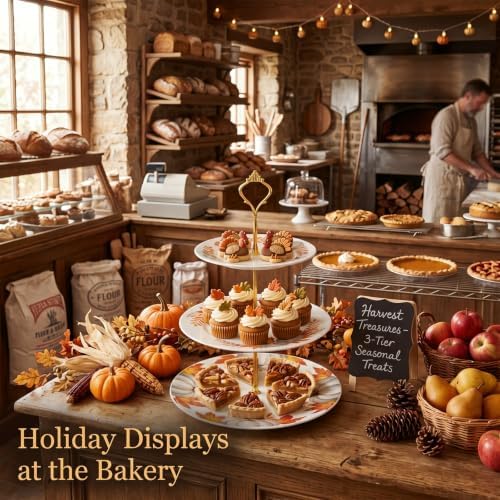 Lallisa Fall Pumpkin 3 Tier Dessert Stand 10", 9" and 7" Ceramic Orange Maple Leaves Tea Party Tray Cake Stand Display Holder Tower for Thanksgiving Birthday Decorations Harvest Baby Shower Supplies - Image 5