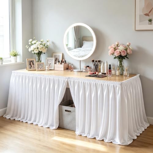 17ft Length Satin White Table Skirt Rectangle Tables,Wrinkle Resistant Ruffle Table Skirting Glitter Teacher Desk Cover Skirt for Dorm Office Birthday Party Wedding Buffet Displays Trade Shows - Image 3