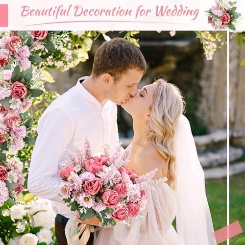 Zeyune 8 Pcs 13.4 Inch Artificial Flowers Bouquet,Rose,Bean Paste Pink - Image 6
