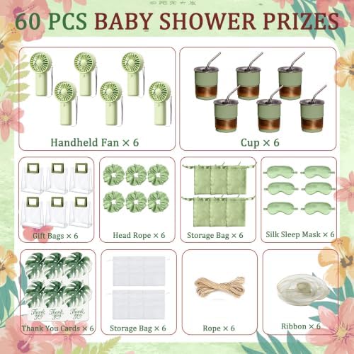 Baby Shower Party Favors for 6 Guests, Summer Gift Set with Mini Fans, Cups, Eye Masks, Hair Ties & Thank You Cards, Easy DIY Kit for Baby Shower, Gender Reveal, Bridal Shower (green-7) - Image 2