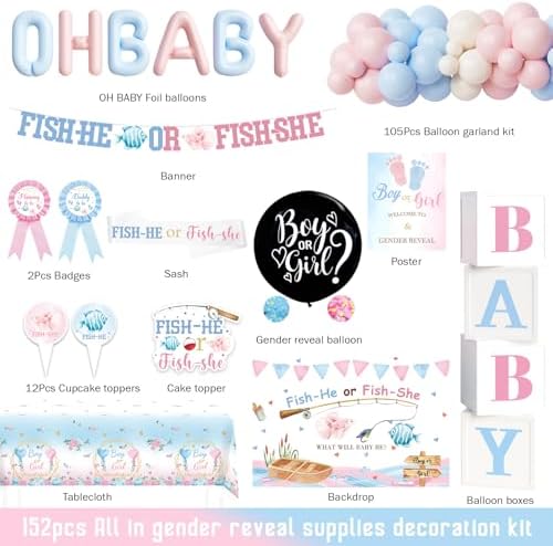 Fishhe or Fishshe Gender Reveal Decorations, Girl or Boy Themed Party Balloon Arch Kit Supplies Includes Balloon Boxes Banner Sash Badge Backdrop Tablecloth Toppers Poster Marker 152 PCs - Image 2