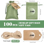 Woanger 100 Pcs Drawstring Burlap Gift Bags 4x6'' with Tags, Dark Green - Image 2