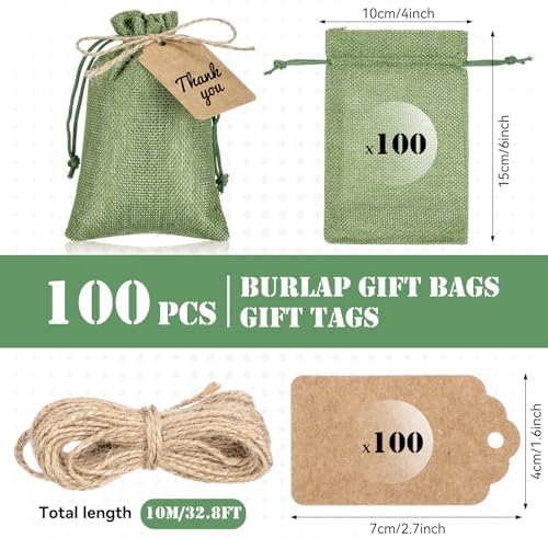 Woanger 100 Pcs Drawstring Burlap Gift Bags 4x6'' with Tags, Dark Green - Image 2