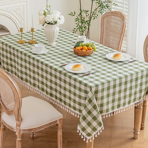 Green Gingham Table Cloth Rectangle, Cotton Linen Checkered, 55x90 Inch - Image 2