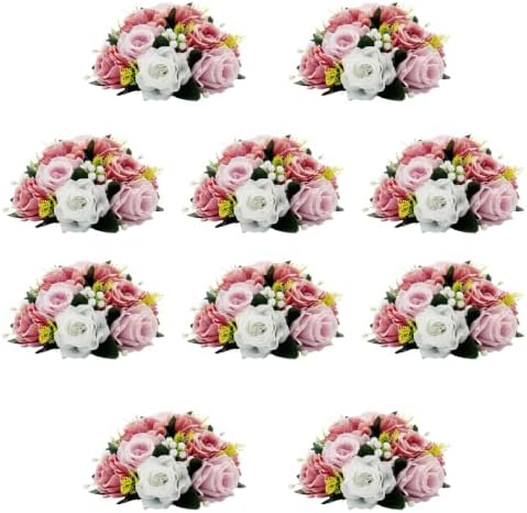 10Pcs Artificial Rose Balls for Centerpieces (Dusty Pink & White) by QUTUNI