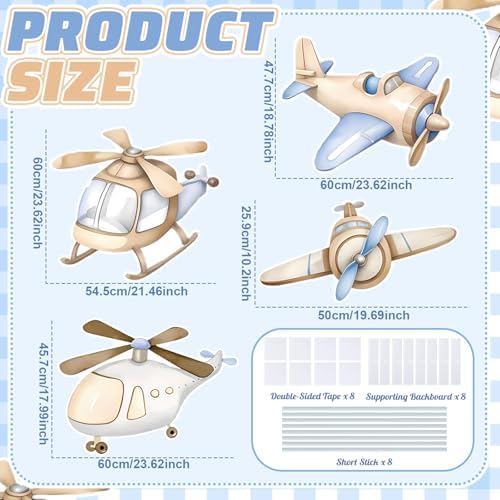 4 Pcs Large Airplane Baby Shower Decoration, Airplane Helicopter Cardboard Cutout, Birthday Party Deocration for Boys, Propeller Aircraft Stand-up Decoration for Party Supplies Photo Props - Image 4