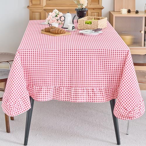 vctops Farmhouse Red Plaid Ruffle Table Cloth, Boho Cotton Linen Tablecloth, Washable Table Cover for Rectangle Table Baby Shower Kitchen Party Wedding Decor (Red A,55"x102") by vctops