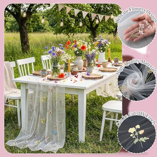 Lounsweer Apricot Wildflower Table Runner 10ft Embroidery Tulle - Image 7