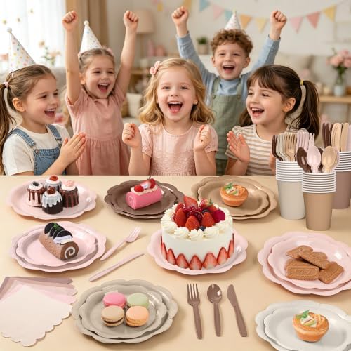 350 Pcs Baby Shower Decoration - Neutral Gradient Brown Plates and Napkins Tableware Set Include Scalloped Paper Plate Napkin Cup & Cutlery for Baby Shower, Wedding, Birthday, Espresso Martini Theme - Image 7