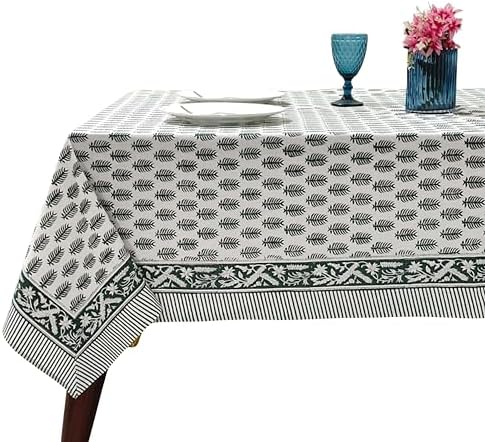 Ridhi Emerald Green Hand Block Print Cotton Tablecloth 102 x 48 Inch by Ridhi