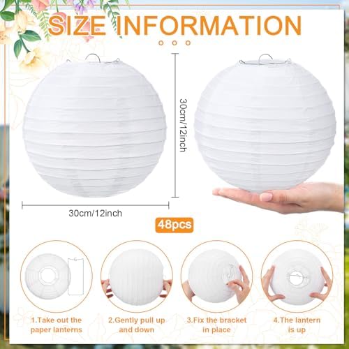 Treela 48pack White Chinese Paper Lanterns for Wedding Party Decor, 12" - Image 2