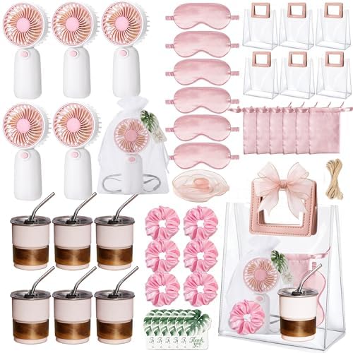 Baby Shower Party Favors for 6 Guests, Summer Gift Set with Mini Fans, Cups, Eye Masks, Hair Ties & Thank You Cards, Easy DIY Kit for Baby Shower, Gender Reveal, Bridal Shower (PINK) by Unknown