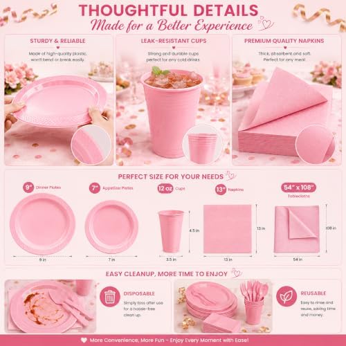 Tinybee 352 Pcs Pink Plastic Plates, Disposable Dinnerware Set for 50 - Image 2
