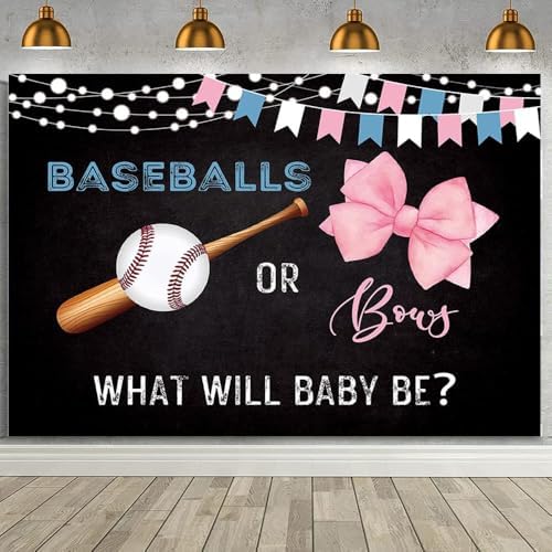 MEHOFOND 8x6ft Baseballs or Bows Gender Reveal Backdrop for Black Boy or Girl What Will Baby Be Decorations Banner Pink Bows Gender Reveal Baby Shower Photography Background Cake Table Supplies by MEHOFOND