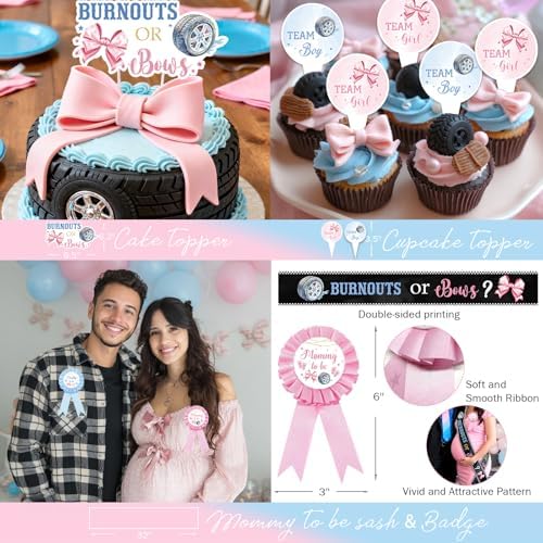 Burnouts or Bows Gender Reveal Decorations, 151 Pcs Boy or Girl Gender Reveal Party Supplies with What Will Baby Be Backdrop, Pink Blue Balloon Garland, Boxes - Image 5
