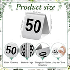 Blulu 50 Pack Stainless Steel Table Numbers 1-50, 3.0 x 2.4 Inch Double Sided Tent Style Number Signs Tabletop Display Cards for Wedding Reception, Restaurant, Party, Cafe and Event Seating - Image 2