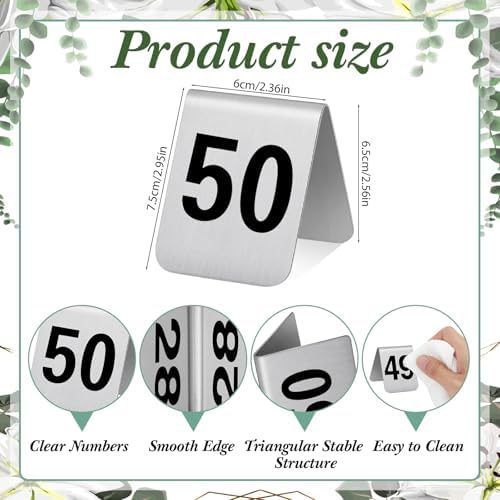 Blulu 50 Pack Stainless Steel Table Numbers 1-50, 3.0 x 2.4 Inch Double Sided Tent Style Number Signs Tabletop Display Cards for Wedding Reception, Restaurant, Party, Cafe and Event Seating - Image 2