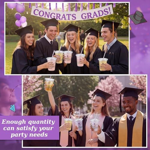 Sliner 50 Sets 16 oz Purple Graduation Plastic Cups for Hot Cold Drinks - Image 5