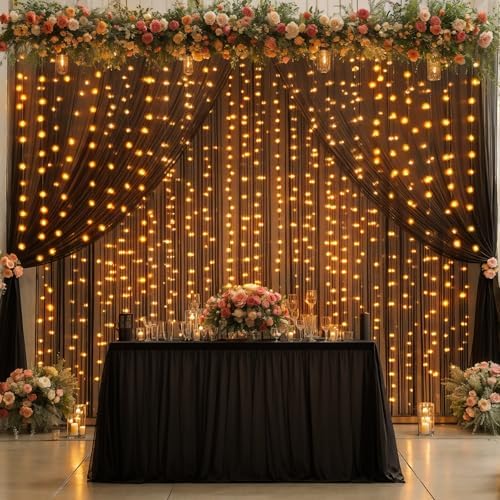 10x10FT Black Wrinkle Free Backdrop Curtains with Lights String for Parties - Photo Curtain Backdrop with Lights for Wedding Decorations, Bridal Baby Shower Birthday Party Photography Background - Image 3