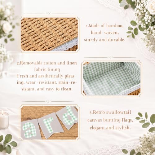 Gerrii Wedding Party Decoration 12 x 9.4 x 5.3 in Large Wicker Storage Basket with Lid Wedding Card Box and Card Banner Set Money Envelope Box Gift for Baby Shower Favor Supplies(Sage Green Plaid) - Image 5