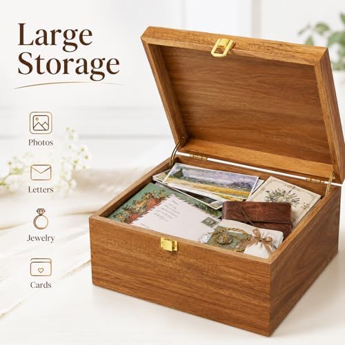 Wooden Keepsake Box, Acacia Storage Memory Box with Hinged Lid - Image 5