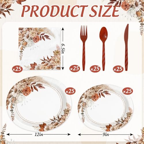 150 Pcs Boho Floral Fall Party Supplies Disposable Tableware Set Serves 25 Rustic Flower Oval Paper Plates Napkins Fork Spoon for Fall Autumn Birthday Baby Shower Wedding - Image 2