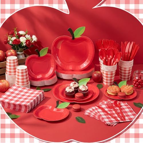 400 Pcs Back to School Party Supplies Serve 50, Apple Paper Plates Napkins Cups Apple Decoration Red Gingham Tableware Set for Last/First Day of School Party Supplies - Image 4