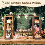 Wisreach Wooden 3 Tier Cupcake Stand with Swing and Flower Decoration Serving Removable Tray Display Serving Ladder Foldable Stand with Serving Platter Tray Party Food Display Set for Cake Snack Fruit Chips Bread Centerpieces Catering - Image 2