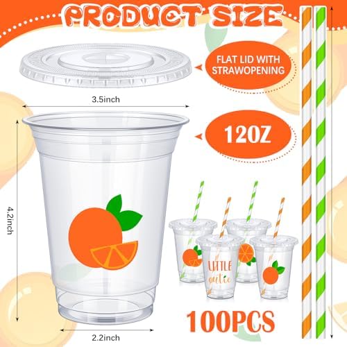 meekoo 100 Set 12 oz Little Cutie Baby Shower Decoration Cups Clear Disposable Orange Party Plastic Cups with Paper Straws and Lids for Birthday Baby Shower Drinkware Party Favors - Image 2