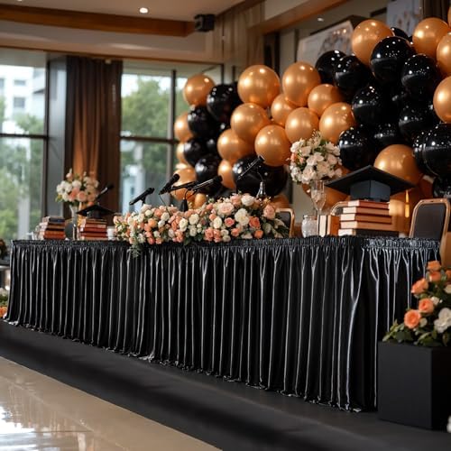 Wish Care 21ft Black Satin Long Table Skirt for Rectangle Tables Wrinkle Free Teacher Desk Skirt Glitter Ruffle Table Skirting Cloth for Back to School Classroom Office Dorm Birthday Party Table Decor - Image 4