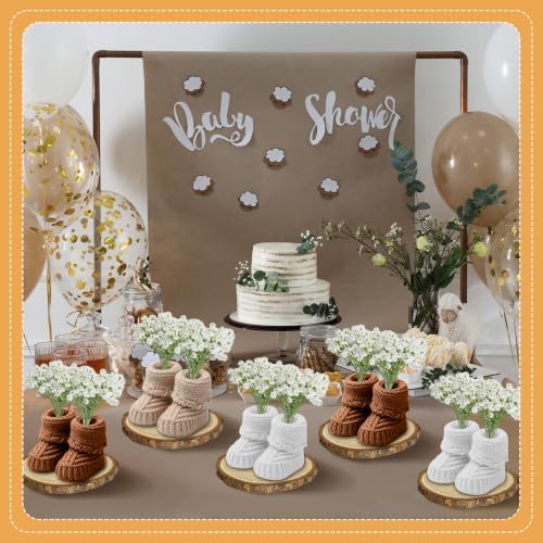 6 Set/ 36 Pcs Baby Shower Centerpieces Decor for Tables Crochet Knitted Mini Baby Booties with Artificial Breath Flowers and Wood Slices Boho Rustic Table Decor Gender Reveal Party Decor - Image 5