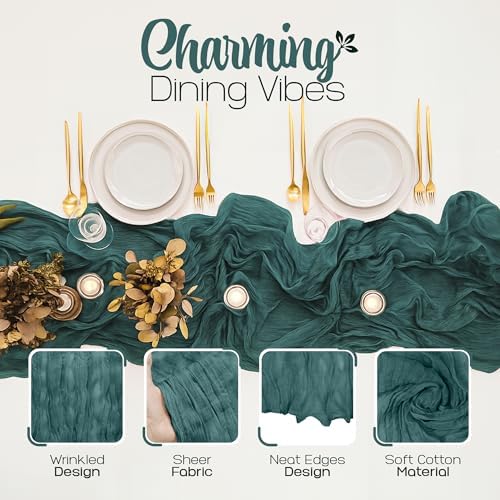 12 Pack Emerald Green Cheesecloth Table Runners 10FT Long – 35 x 120 Inch Boho Gauze Table Runners for Engagement, Wedding, Baby Shower & Home Decor – Soft Wrinkled Polyester Fabric - Image 3