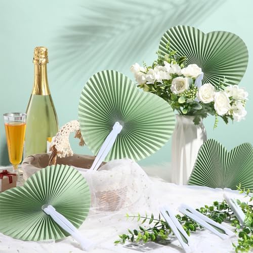 Blulu 60 Pack Wedding Heart Folding Hand Fans Decor Bulk, Sage Green - Image 4