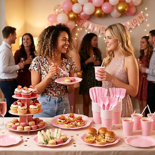 Vyntra Pink Paper Plates, Cups & Napkins, 350 Pcs Scalloped Party Set - Image 4
