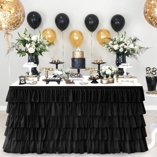 Pufogu Black Tulle Table Skirt 14ft Tutu Ruffled Chiffon Tablecloth For Rectangle Wedding Baby Shower Girls Birthday Party and Cake Dessert Table Decorations(Black, L14(ft), H30in) by Pufogu