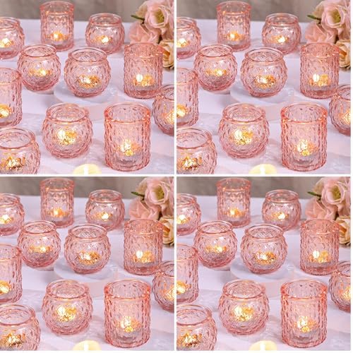 DARJEN Pink Votive Candle Holders Set of 24- Round Glass Candle Holders Bulk for Flameless LED Tea Waxes, Romantic Candle Holder for Wedding & Various Parties, Home Table Decor (Pack of 4) by DARJEN