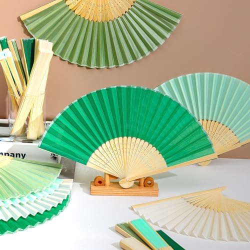 Blulu 40 Pcs Green Hand Fans Bulk Folding Bamboo Silk Foldable Handheld Fan for Women DIY Line Dance Clapping Popping Wedding Bridal Shower Baby Shower Birthday Party Favors Gift Decoration - Image 2