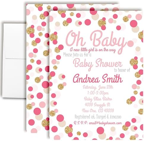 Amanda Creation Custom Baby Shower Invites Pink and Gold Polka Dot Baby Shower Invitation 20 5x7 Personalized Invites With Envelopes by AmandaCreation