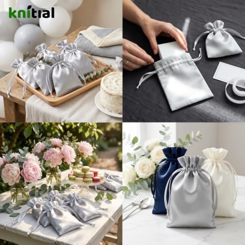 50 Pack 6" x 9" Silver Satin Gift Bags with Drawstring, Jewelry Pouches, Wedding Favor Bags for Baby Shower Birthday Party Small Business - Image 3
