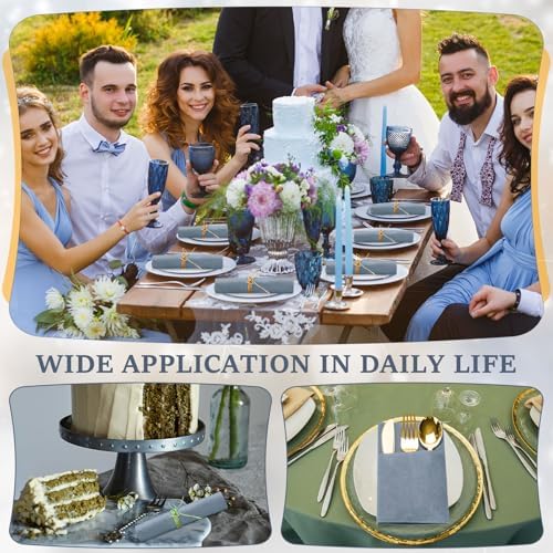 Gueevin 50 Set Linen Napkins with Plastic Cutlery Dusty Blue and Gold - Image 5