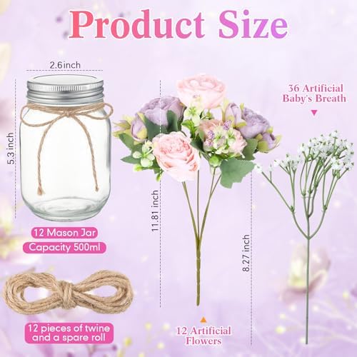 Zeyune 12 Sets Mason Jar Flowers Centerpiece Table Decorations,Purple,Pink - Image 4