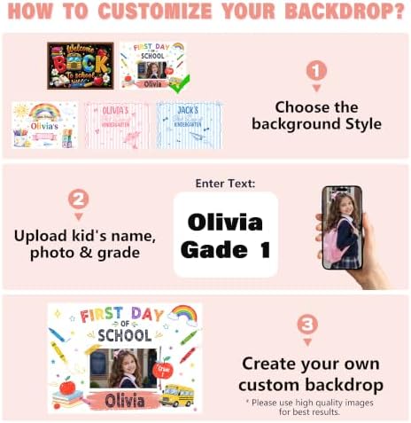 Custom Back to School Backdrop, Personalized First Day of School Photography Backdrop with Photo, Name & Grade, Welcome Back to School Decorations for Classroom, Photo Booth, Wall & Home, Made in USA - Image 2