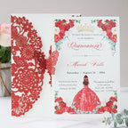 Hosmsua 50PCS Personalized Red Butterfly Invitation 5.12 x 7.3'' Laser Cut Lace Flora Quinceanera Invitation with Envelopes for Bridal Shower Sweet 16, XV Anos Birthday Invite (Red Glitter) - Image 3