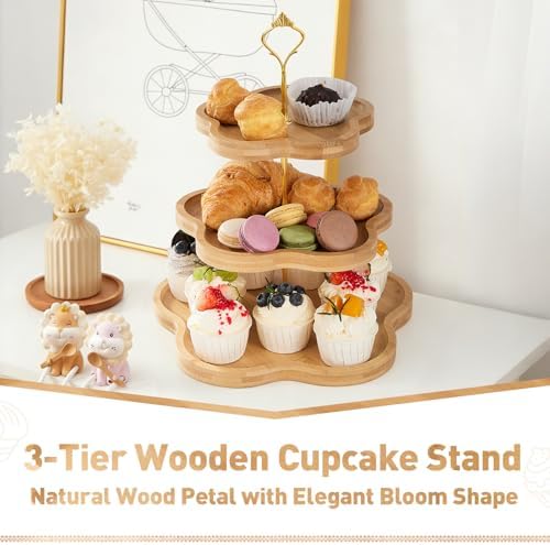 DUJUST 3-Tier Wooden Cupcake Stand, Three Tiered Serving Stand, Tiered Tray - Image 2