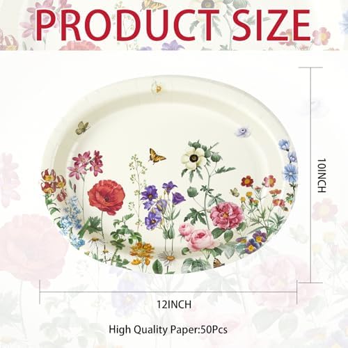 Greencian 50Pcs Vintage Wild Flower Large Oval Paper Plates 12 x 10 Inch - Image 2
