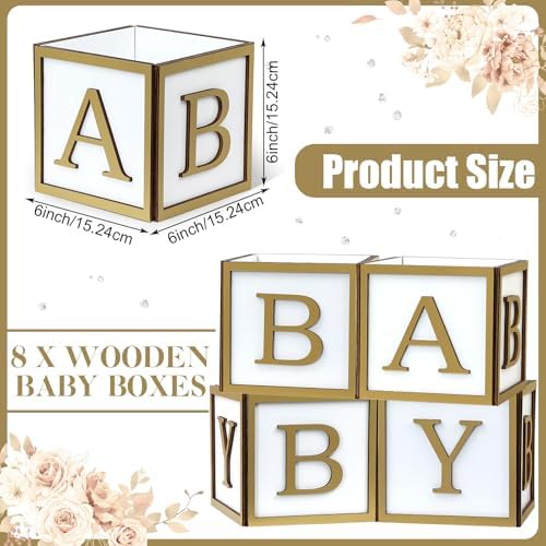 8 Set Baby Shower Centerpieces for Tables - 6 inch Wooden Boxes with Baby Letters Rustic Cube Planter Wood Blocks for Gender Reveal Party Favor (Gold) - Image 2