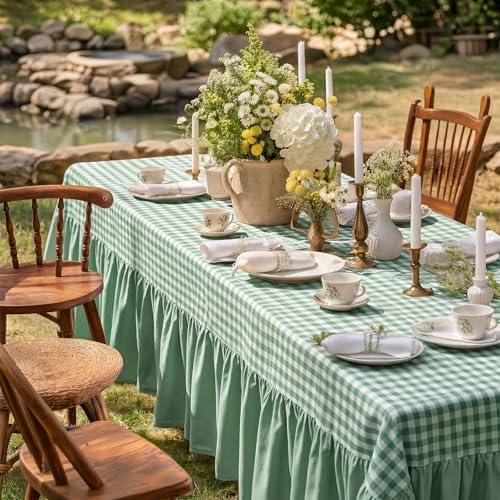Moukeren 120"x60" Ruffled Tablecloth Table Cover, Sage Green, Gingham - Image 6