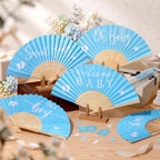 Threehoney 50 Sets Baby Shower Favors 5 Styles Bamboo Paper Hand Fans,Blue - Image 5